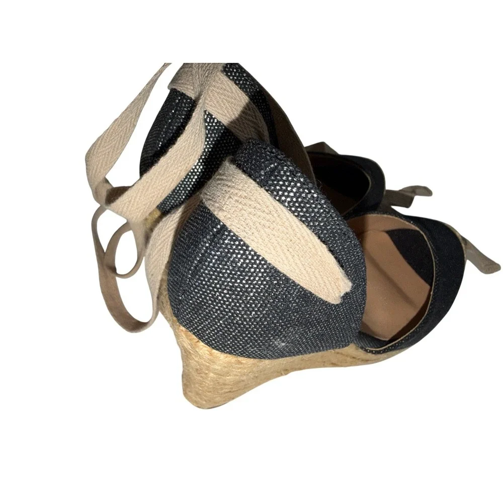 Twiggy London Espadrille Wedge Heels Navy‎ Metallic Lace Up Women's Shoes sz5